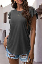 Dark Gray ruffled round neck cap sleeve blouse front view