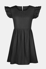 Front view of dark gray Sylvenza Denim Dress showcasing ruffled neckline and cap sleeves.
