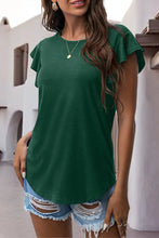 Dark Green ruffled round neck cap sleeve blouse front view