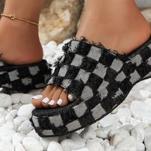 Dark Raw Hem Plaid Platform Sandals close up of raw hem and platform heel detail