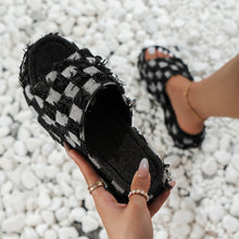 Dark Raw Hem Plaid Platform Sandals styled on model