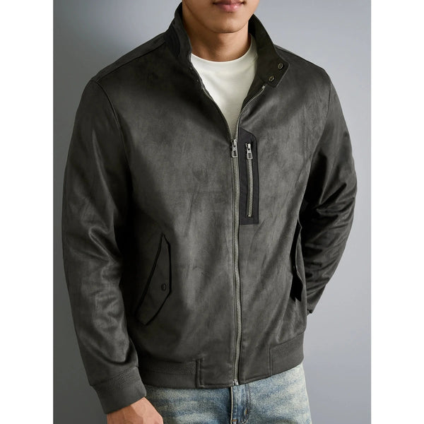 Dark Grey Men’s Luxe Suede Stand Collar Jacket with ribbed sleeves and chest zip pocket, front model pose.