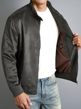 Dark Grey Men’s Luxe Suede Stand Collar Jacket side angle model pose showing ribbed sleeve and inner side pocket detail.