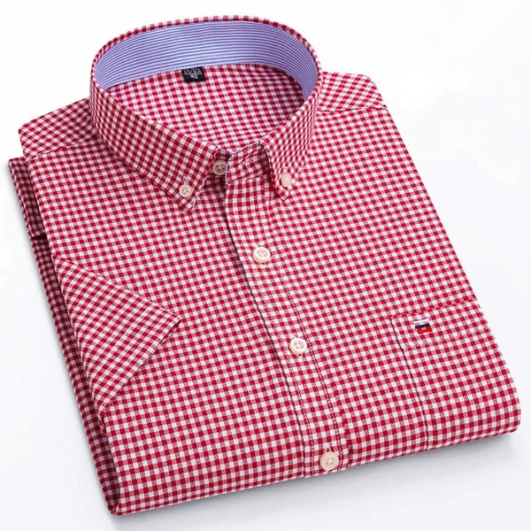 Folded front view of men’s deep red Prestige Stripe Plaid Oxford short sleeve button-down shirt