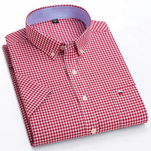 Folded front view of men’s deep red Prestige Stripe Plaid Oxford short sleeve button-down shirt