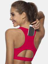 Deep red cutout scoop neck active tank back view showing pocket.