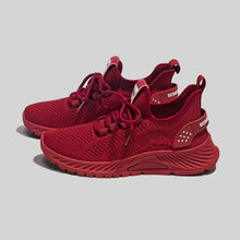Side View Pose on Model: Deep Red Mesh Lace-Up Platform Athletic Shoes side view