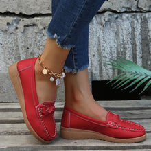 Deep Red Weave Wedge Heeled Loafers styled on model