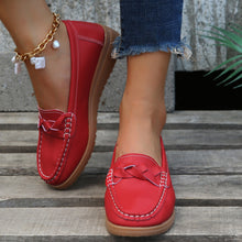 Deep Red Weave Wedge Heeled Loafers walking front shot