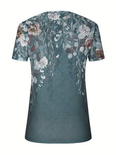 Back view of deep teal Printed Notched Short Sleeve Blouse with loose silhouette