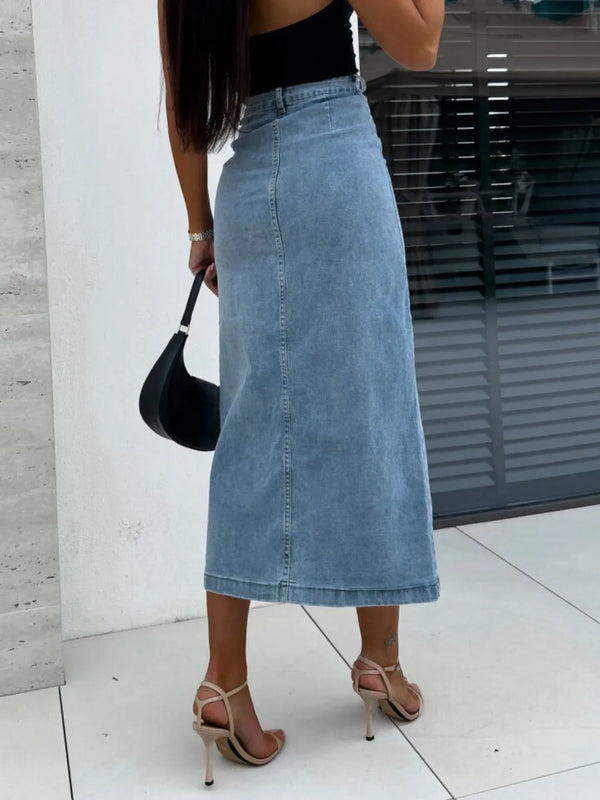 Back view of Denavelle Row Skirt in light blue showing classic seams and belt loops