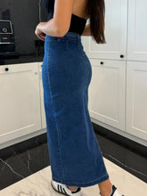 Back view of Denavelle Row Skirt in medium blue showing classic seams and belt loops
