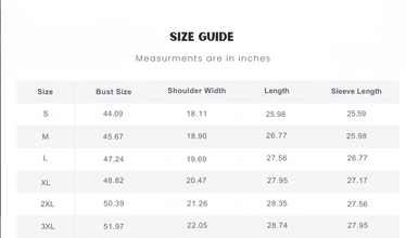 Size guide chart for Denim winter jacket measurements in inches