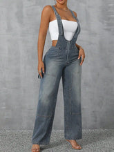 Front view of Denivelle™ Zip-Front Denim Overalls in light blue wash.