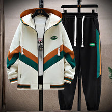 DravvenCore™ PatchFlux Contrast Stitch Jogger Set beige front view on hanger showing patchwork zigzag detail and contrast stitching