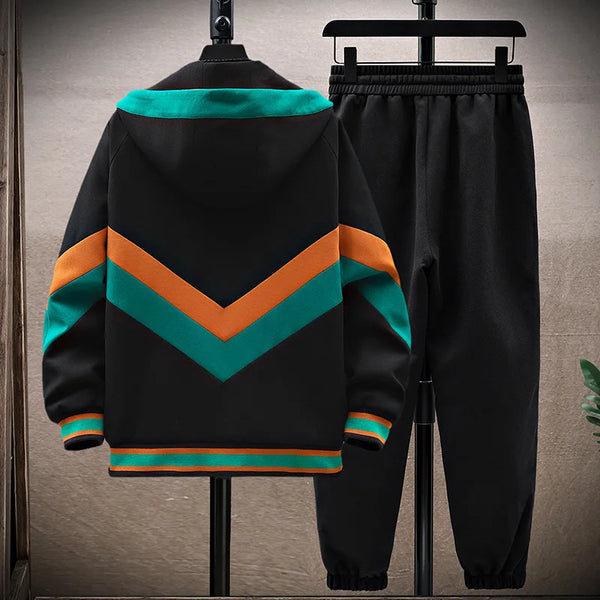 DravvenCore™ PatchFlux ContrastStitch Jogger Set black back view on hanger showing hood and ribbed hem