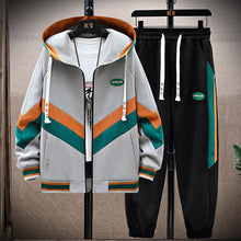 DravvenCore™ PatchFlux Contrast Stitch Jogger Set gray front view on hanger showing patchwork zigzag detail and contrast stitching