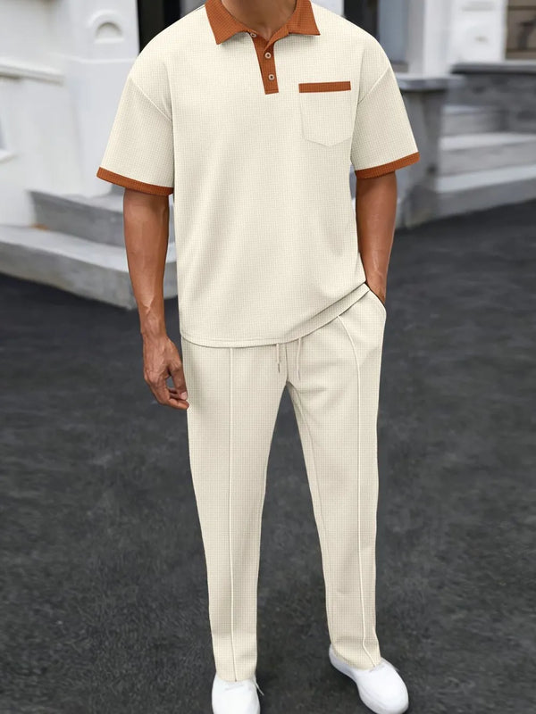 Beige Drayven WaffleEdge Duo men’s set — front view featuring three-button polo with contrast trim and waffle-knit pants with front stitch crease