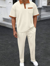 Beige Drayven WaffleEdge Duo men’s set — front view featuring three-button polo with contrast trim and waffle-knit pants with front stitch crease