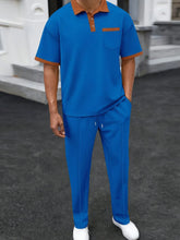 Blue Drayven WaffleEdge Duo men’s set — front view featuring three-button polo with contrast trim and waffle-knit pants with front stitch crease