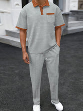 Gray Drayven WaffleEdge Duo men’s set — front view featuring three-button polo with contrast trim and waffle-knit pants with front stitch crease