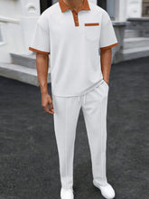 White Drayven WaffleEdge Duo men’s set — front view featuring three-button polo with contrast trim and waffle-knit pants with front stitch crease