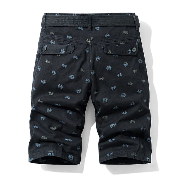 Men’s black Bermuda shorts back view with button flap pockets.