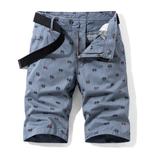 Men’s gray Bermuda shorts front view with logo and pockets.