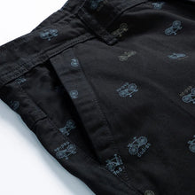 Front pocket close-up of black Bermuda shorts – cotton texture.