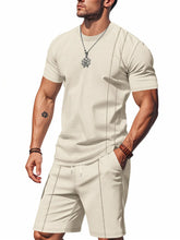 Close-up of khaki ModFlex set pocket and stripe detailing on shorts.