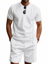 White ModFlex stripe set on male model, front view with pockets and stripe.