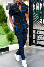 Men's navy Drevion GeoSet Luxe short sleeve top and pants set front view on model.