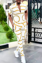 Men's beige Drevion GeoSet Luxe short sleeve top and pants set front view on model.