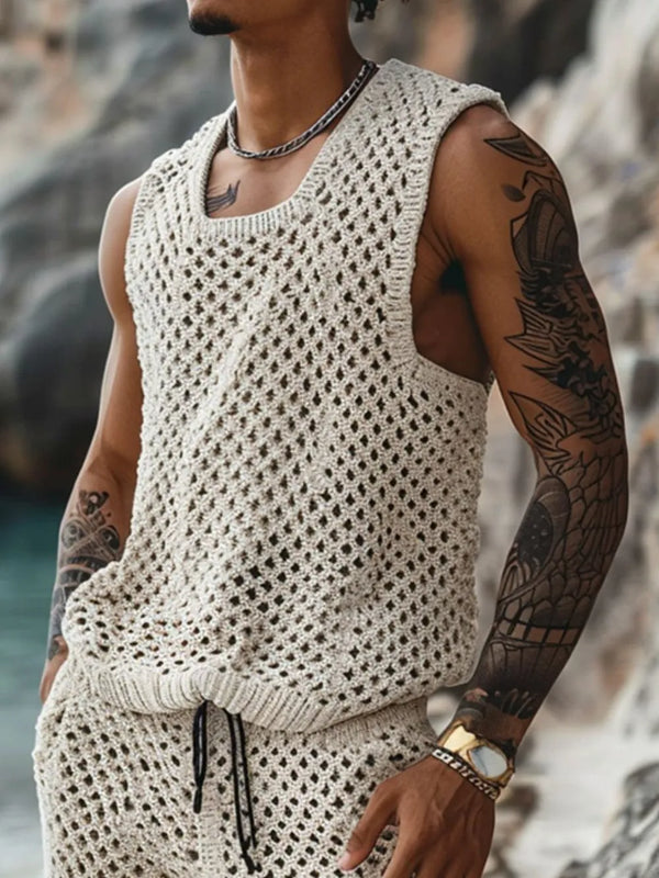 Close-up of men’s plus size beige hollow out tank top — showcasing breathable openwork texture, soft fabric blend, and round neckline.