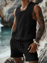 Men’s plus size hollow weave round neck tank and shorts set in black — front view showcasing openwork texture and relaxed fit.