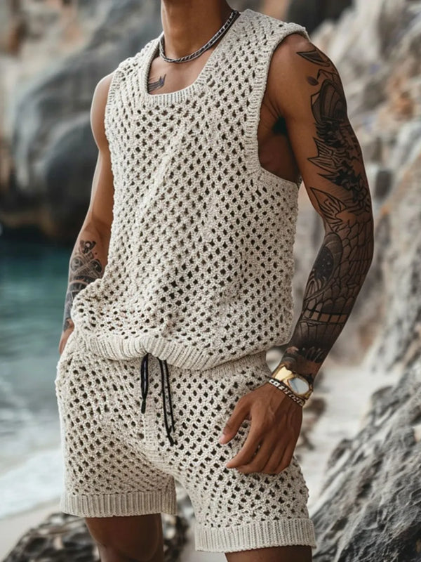 Men’s plus size hollow weave round neck tank and shorts set in beige — front view showcasing openwork texture and relaxed fit.