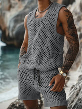 Men’s plus size hollow weave round neck tank and shorts set in gray — front view showcasing openwork texture and relaxed fit.