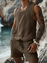 Men’s plus size hollow weave round neck tank and shorts set in taupe— front view showcasing openwork texture and relaxed fit.