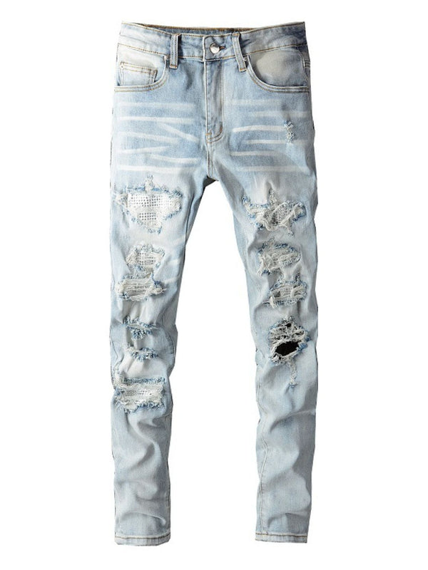 Front view of Droxen Distresslight™ Rhinestone Denim Jeans in light blue
