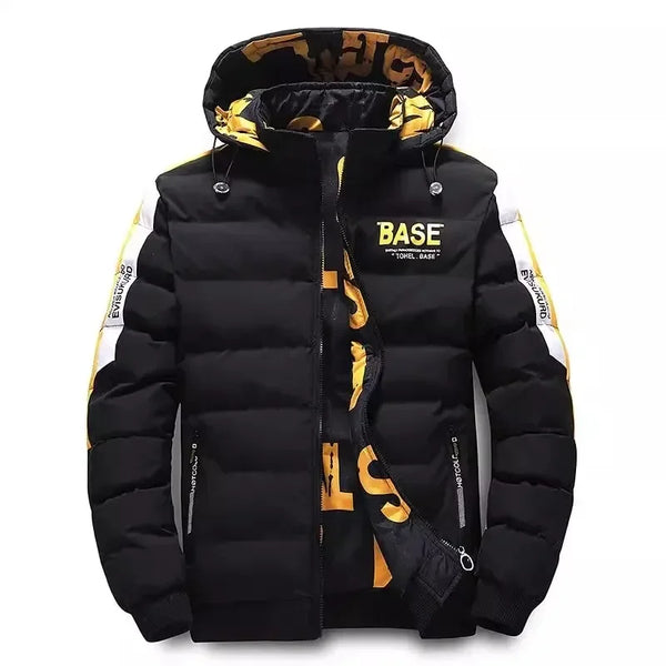 Dualaré Reversa Puff Hooded Jacket in Black, front view