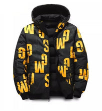 Dualaré ReversaPuff Jacket reversed to black with bold yellow letters print, front view