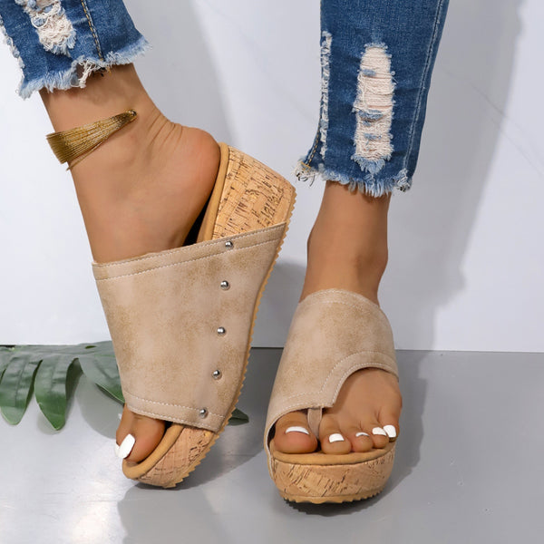 Model wearing Dust Storm PU Leather Wedge Sandals