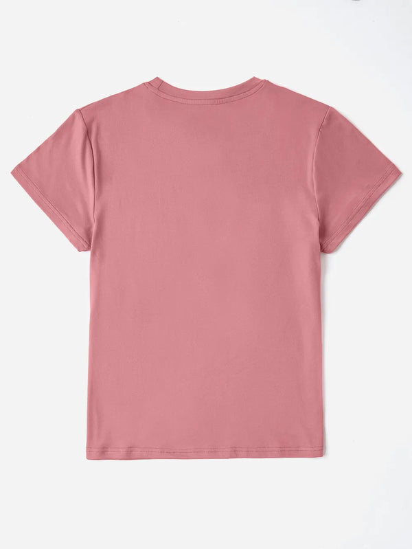 Back view of CaliVista Round Neck Tee in dusty pink, laid flat to show shoulder seams and clean stitching.