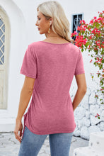 Back view of dusty pink ruched square neck T-shirt featuring a plain, seamless back and flattering fit.