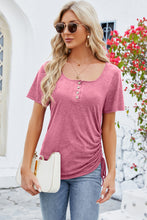 Model wearing a dusty pink ruched square neck T-shirt, showing flattering neckline and soft fit.