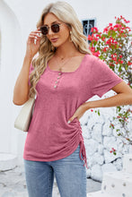 Side view of dusty pink ruched square neck short sleeve T-shirt with subtle bust ruching and relaxed side fit.