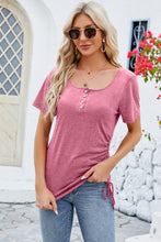 Side view of dusty pink ruched square neck short sleeve T-shirt with subtle bust ruching and relaxed side fit.