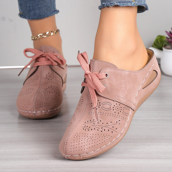 Model in dusty pink Lace-Up Round Toe Wedge Sandals styled with a gold anklet and blue jeans showcasing shoe lace-up detail.