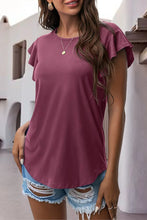 Dusty Pink ruffled round neck cap sleeve blouse front view
