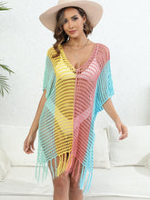 Dusty pink Velorisse color block fringe cover-up angled front view styled with straw hat 